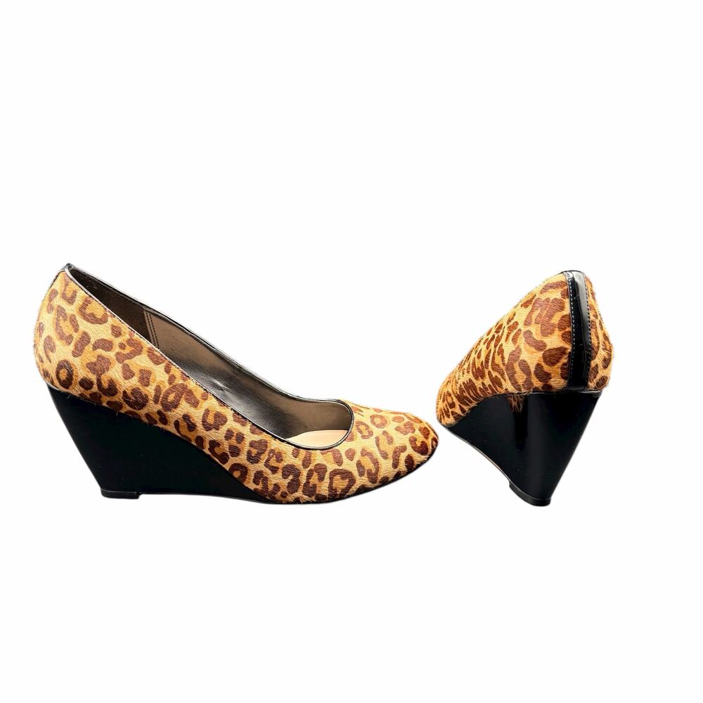 Cole Haan Leopard Calf Hair Wedge Pumps 8B Black Patent Heel